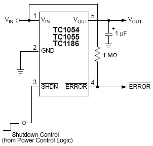 TC1054-2.85, КМОП стабилизатор напряжения с током нагрузки 50мА, режимом отключения и сигналом ошибки